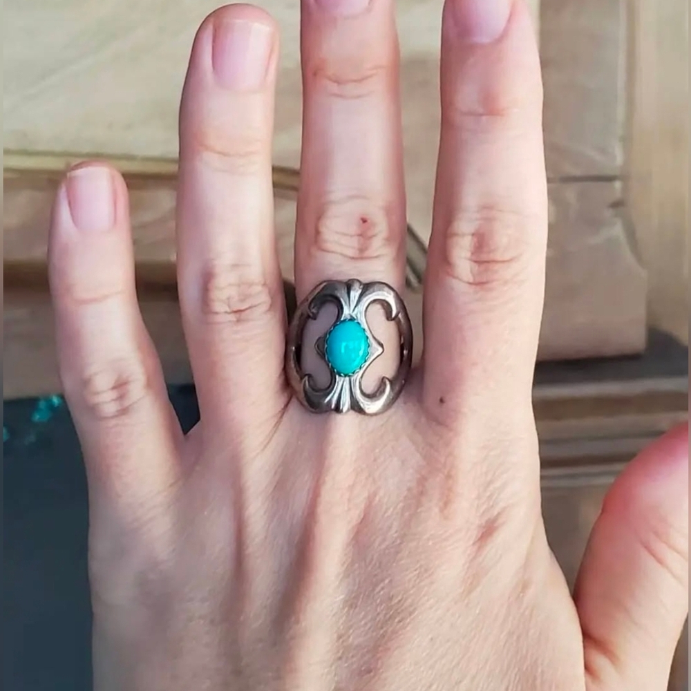 Turquoise Sandcast Shield Ring - image 1